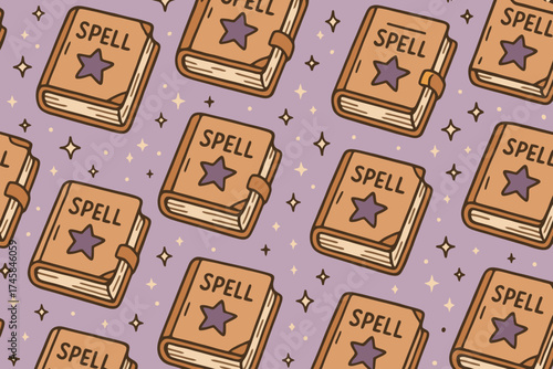 Whimsical pattern of vintage spell books with stars on a sparkly purple background