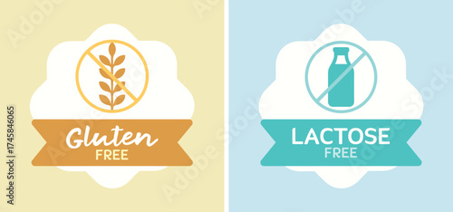 Drink, food, gluten-free, lactose-free, healthy, intolerance, wheat-free, nutrition, health, grains, farm. Diet, vegan, milk, plant-based, medicine. Packaging, industry, label, sticker, tag. Set, vect