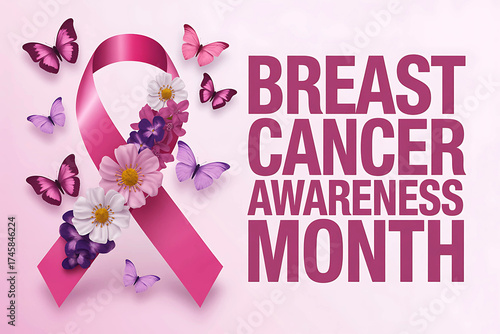 Breast cancer awareness month with pink ribbon, flowers and butterflies