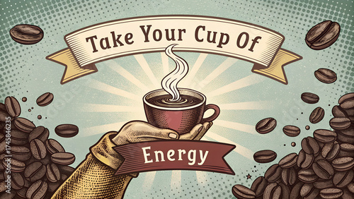 Hand Holding Coffee Cup with Halftone Collage Banner 