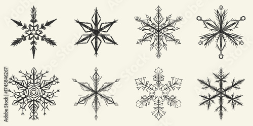 Chalk textured grunge snowflakes set. Sketch crayon frosty crystals. Winter doodle pastel hand drawn decoration, whimsical detailed snow ornament. Christmas, seasonal art. Vector illustration isolated