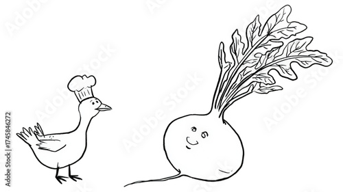 A whimsical line drawing of a duck chef and a smiling turnip.