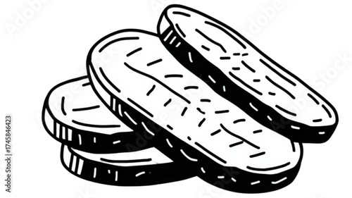 Hand drawn black and white illustration of sliced pickles.