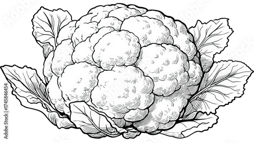 Black and white line art illustration of a fresh cauliflower head.