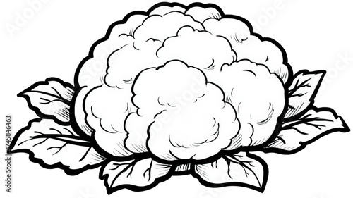 Simple black and white line drawing of a whole cauliflower.