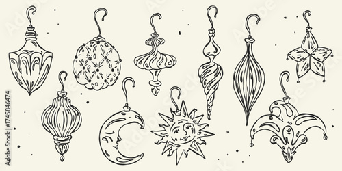 Whimsical vintage Christmas outline baubles ornaments collection. Hand drawn line star, moon, sun glass toys in retro minimal ink scribble style. Elegant nostalgic set. Vector illustration isolated.