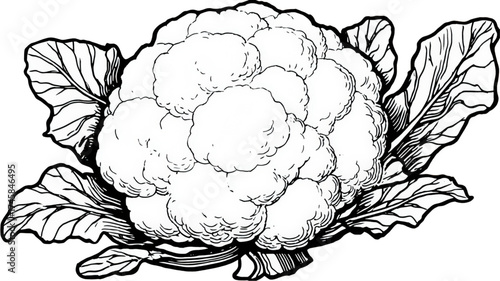 Black and white line art illustration of a cauliflower.