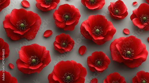 Red poppy flower pattern with vibrant petals and detailed stamen on neutral background, creating lively and elegant floral design full of natural beauty and charm