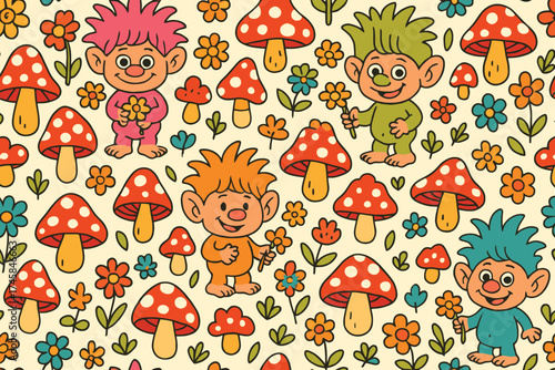 Whimsical cartoon trolls and colorful mushrooms create a playful magical forest pattern