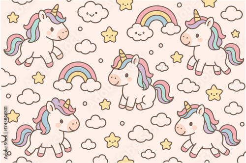 Adorable hand drawn unicorns with rainbows and stars on a pink background pattern