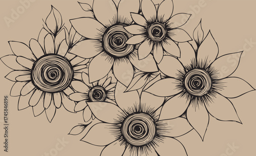 Artistic line drawing of a bunch of sunflowers on a tan background