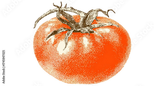 Artistic illustration of a single ripe red tomato with stem.