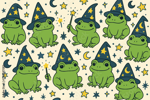 Cute green frogs wearing wizard hats and holding wands on a starry night background