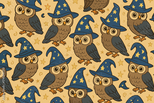 Whimsical seamless pattern of adorable cartoon owls wearing blue wizard hats on a starry background