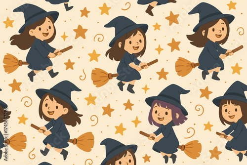 Charming seamless pattern of cute cartoon witches flying on brooms with stars and swirls for halloween