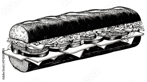 Vintage black and white illustration of a submarine sandwich.
