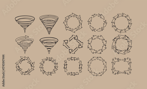 Collection of hand drawn decorative frames and tornado illustrations