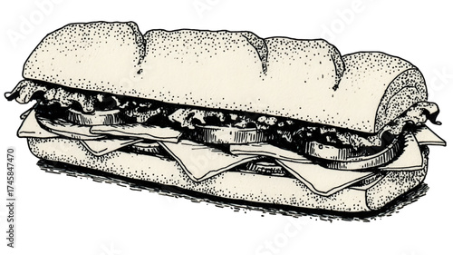 Vintage hand drawn illustration of a submarine sandwich.