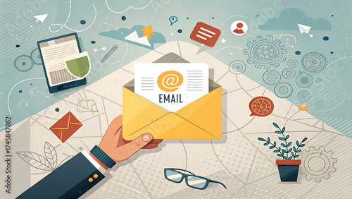 Wallpaper Mural Trendy Halftone Collage Hand holding new message in envelope. Yellow letter on email. Invitation by mail. Online communication. Spam inbox. Social media marketing concept. Contemporary vector art Torontodigital.ca