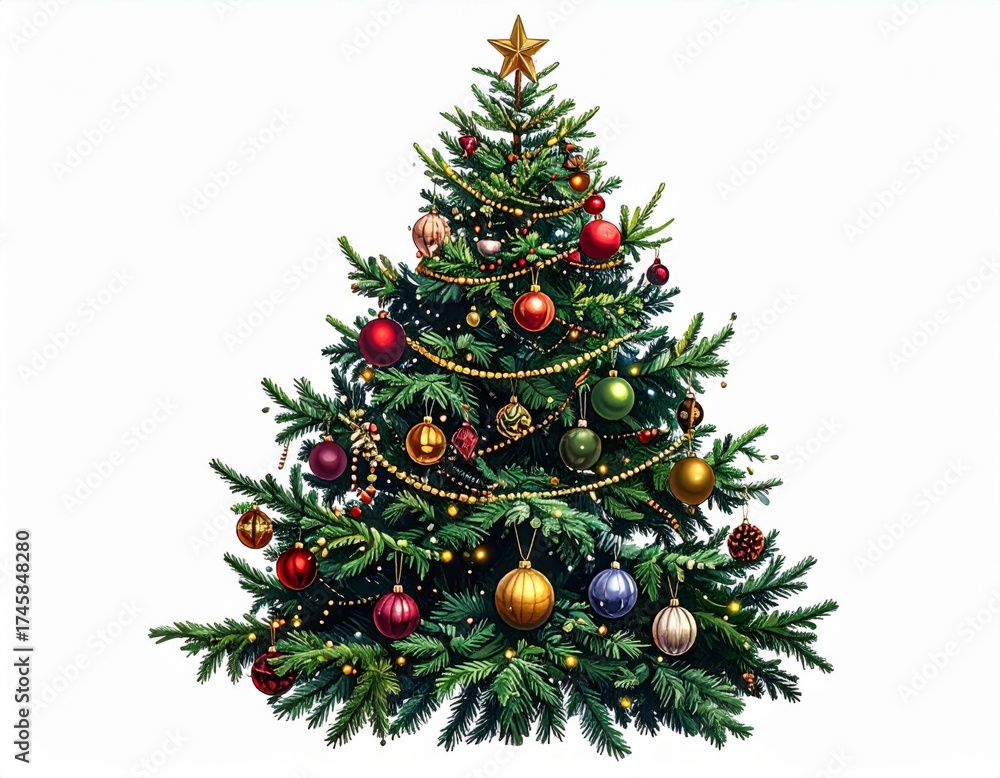 Fototapeta premium Festive Christmas Tree Adorned with Colorful Ornaments and Golden Star on White