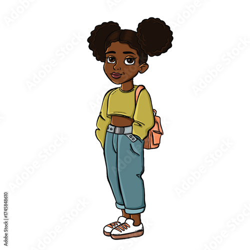 Cartoon vector illustration of black girl wearing jeans, crop sweatshirt, and backpack. Confident and stylish character perfect for children’s books, diversity projects, and educational designs