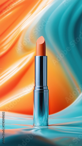 Bright orange lipstick with blue and orange background
