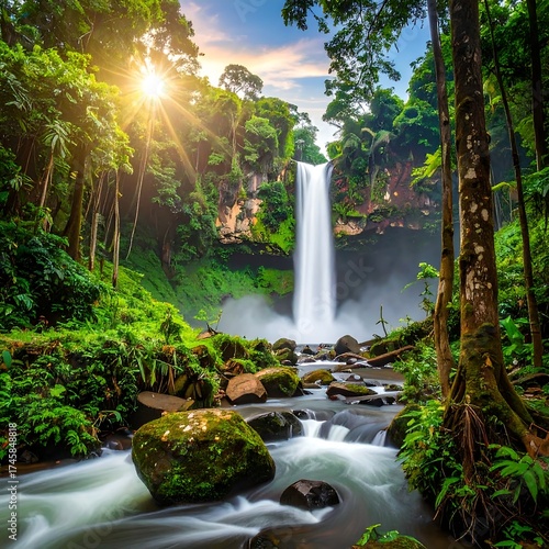 Lush waterfall cascading through a tropical rainforest