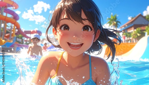 Smiling girl in a pool at a water park.  Bright sunny day