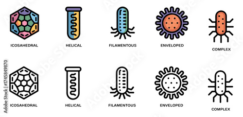 virus morphology icon set with icosahedral, helical, filamentous, enveloped and complex shapes, vector illustrations for virology and structural biology