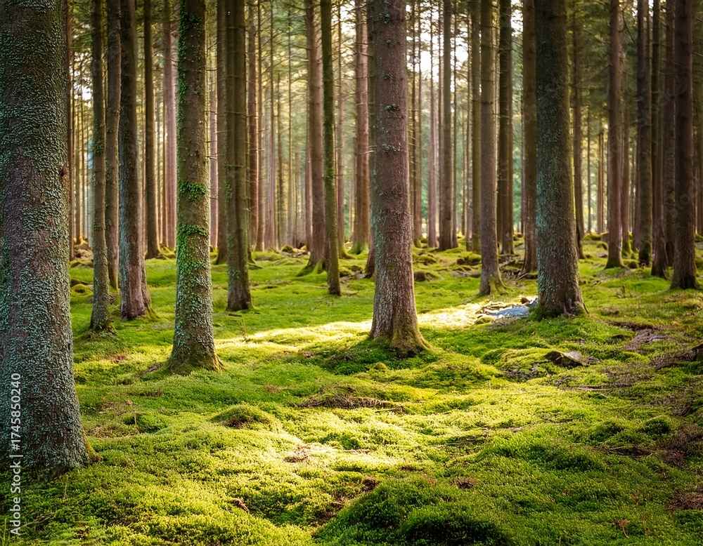 Obraz premium beautiful pine and fir forest with green moss on the forest floor