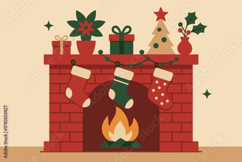 Cozy Christmas fireplace with stockings, gifts, and festive decor  