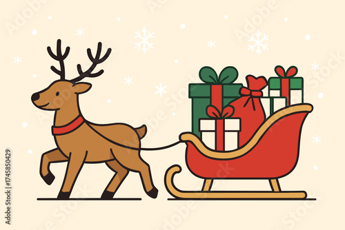 Reindeer pulling sleigh with colorful Christmas gifts in winter scene  