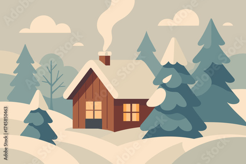 Cozy cabin with smoke from chimney in snowy winter landscape  