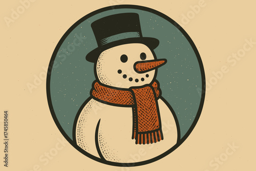 Snowman wearing a black hat and orange scarf in circular frame  