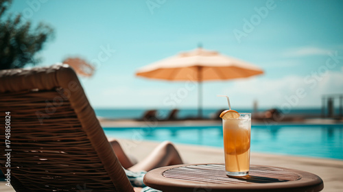 A man in a beach chair with a drink on the table enjoys relaxing by the pool at a resort. Bright sunshine, a calm atmosphere.