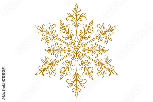Golden decorative snowflake with intricate leaf patterns  