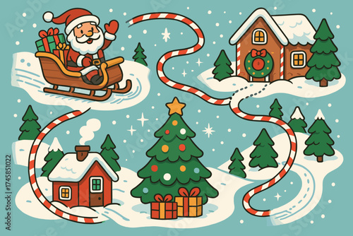 Santa Claus riding sleigh with gifts through snowy landscape for Christmas  