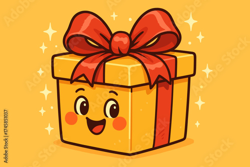 Happy cartoon gift box with bow on vibrant yellow background for Christmas  