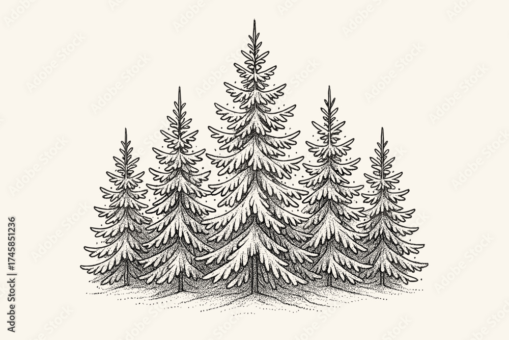 Obraz premium Sketch of evergreen trees covered in snow for Christmas decoration 