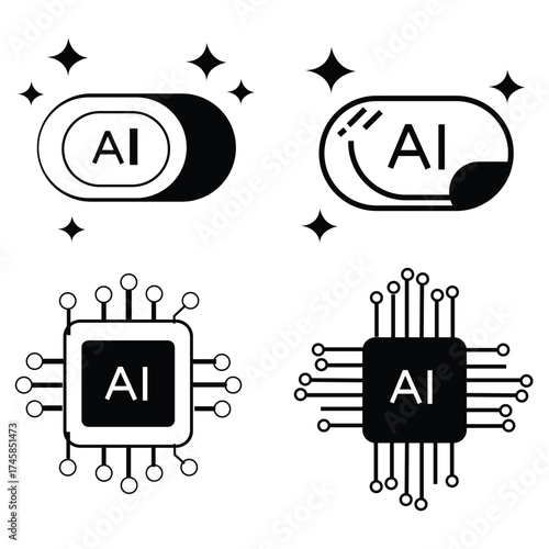 Set of four minimalist icons representing artificial intelligence with ai text on chips and toggles