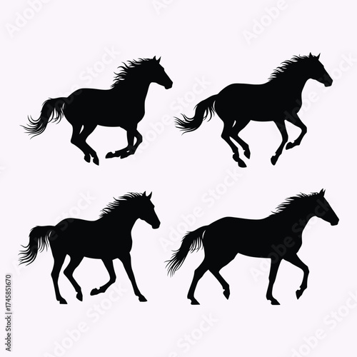 Four dynamic horse figures in various running poses black silhouette