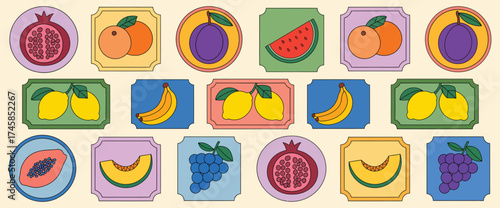Summer fruit berry print vintage hand drawn cartoon citrus illustration with doodle charcoal texture set colorful organic retro stickers fresh lemon apple nature logo stamps