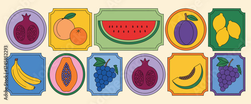 Summer fruit berry print vintage hand drawn cartoon citrus illustration with doodle charcoal texture set colorful organic retro stickers fresh lemon apple nature logo stamps