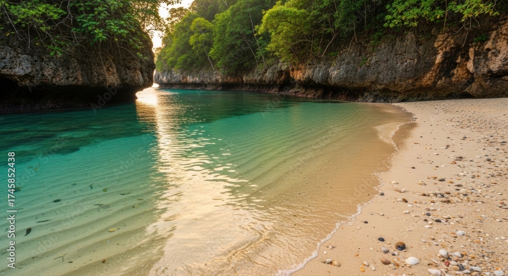 Obraz premium Discover paradise in this stunning tropical cove with pristine turquoise waters and lush green cliffs, perfect for travel inspiration and serene escapes