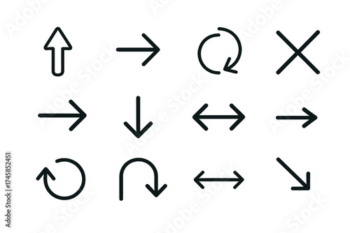 Outline vector icons of arrows: up, right, left, circular, and cross symbols — set of modern line style icons, transparent background.  