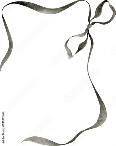 Watercolor black ribbon frame with elegant bow, hand-painted gothic border for invitations, Halloween cards, and vintage decorations