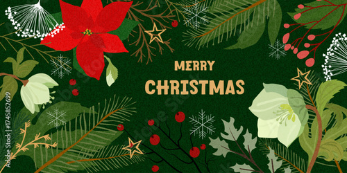Merry Christmas greeting Card, Banner, Poster, Cover. Modern Art Background Xmas with hand drawn Poinsettia and Hellebore flowers, holly berries, fir branches, typography. For web,social media, print