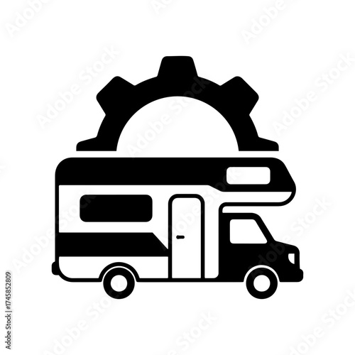 RV repair icon, featuring an RV vehicle with a gear symbol, in a minimalist style