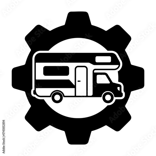RV repair icon, showcasing an RV within a gear design, in a bold graphic style