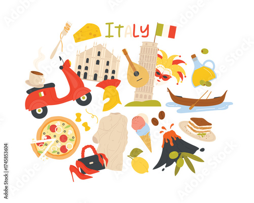 Travel to Italy, Italian vintage landmarks and culture labels. Famous food and drink, Pisa tower and volcano of Sicily, gondola and mask of Venice, gelato and olive oil cartoon vector illustration